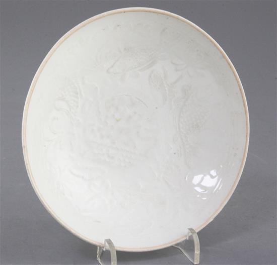 A Chinese moulded Qingbai dish, Song dynasty, diameter 15.5cm